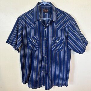 Vintage Plains Mens Blue Striped Western Wear Pearl Snap Button Up Shirt Large